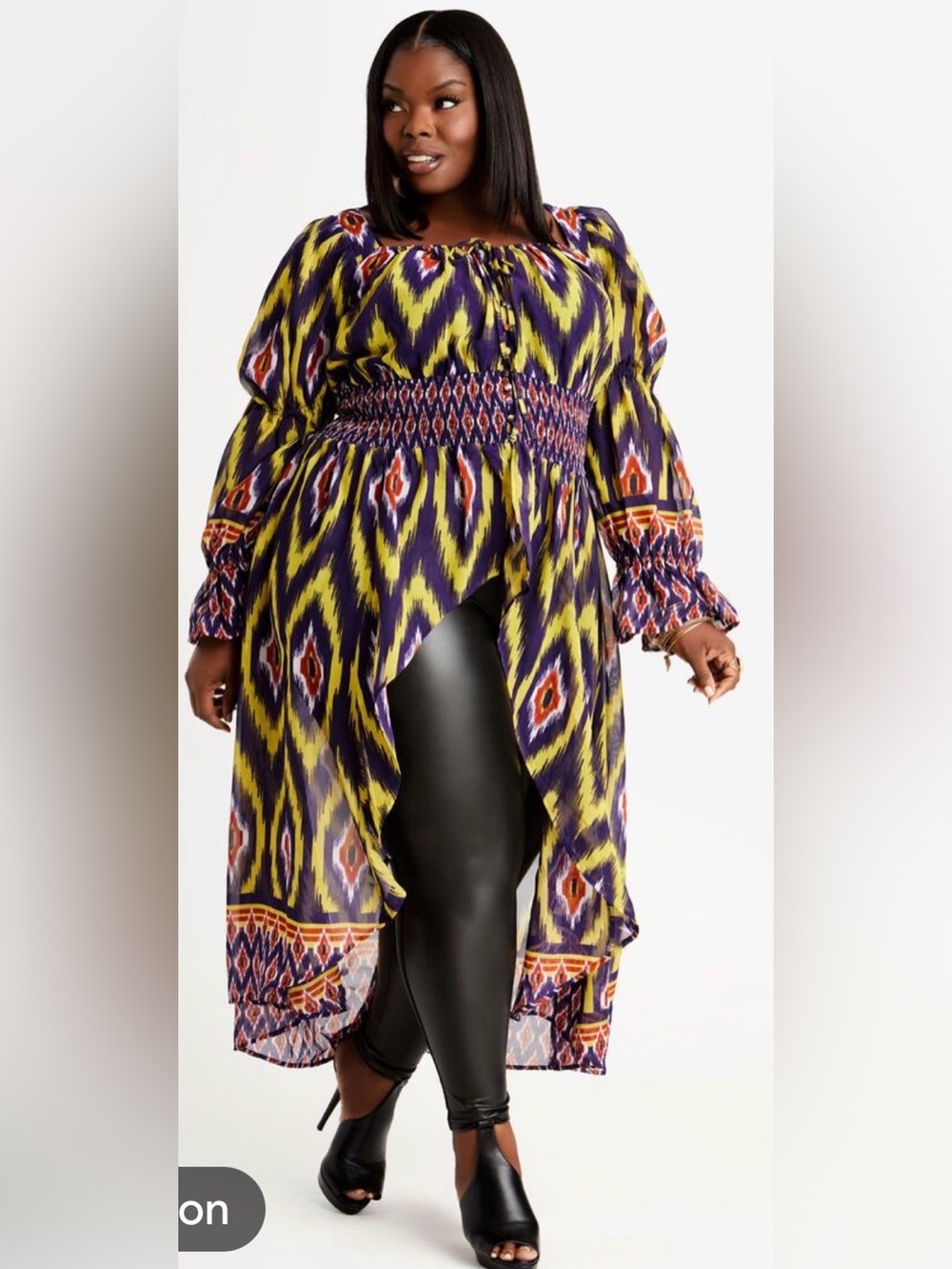 Ashley Stewart vibrant Ikat High-Low Tunic Top Purple & Lime Long Sleeve. 18/20